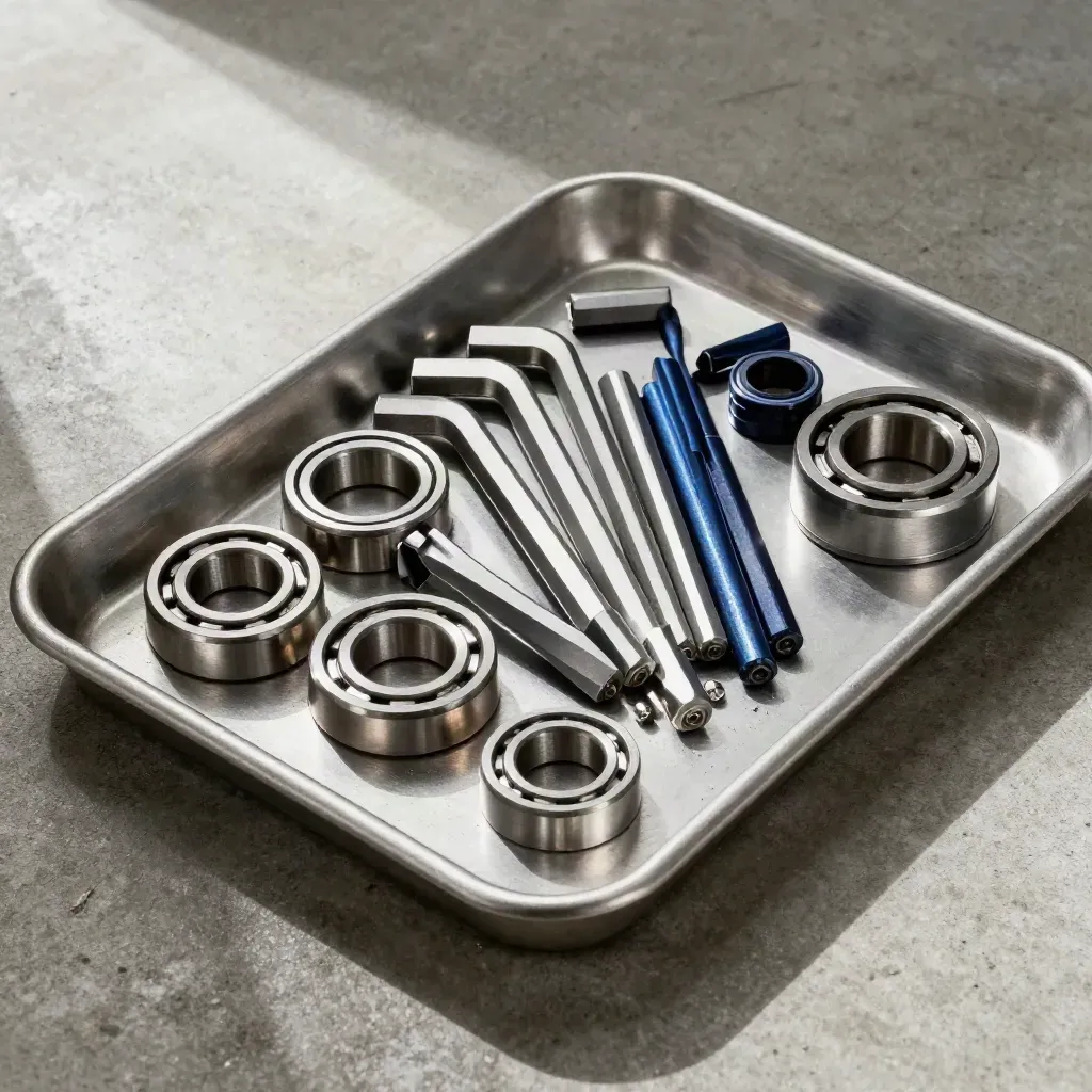 Bearing races, hex keys and spacer sleeves arranged on a steel tray in soft workshop light.