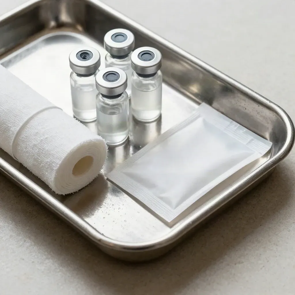 Macro tray with specimen vials, gauze rolls, and a sealed swab box on stone.