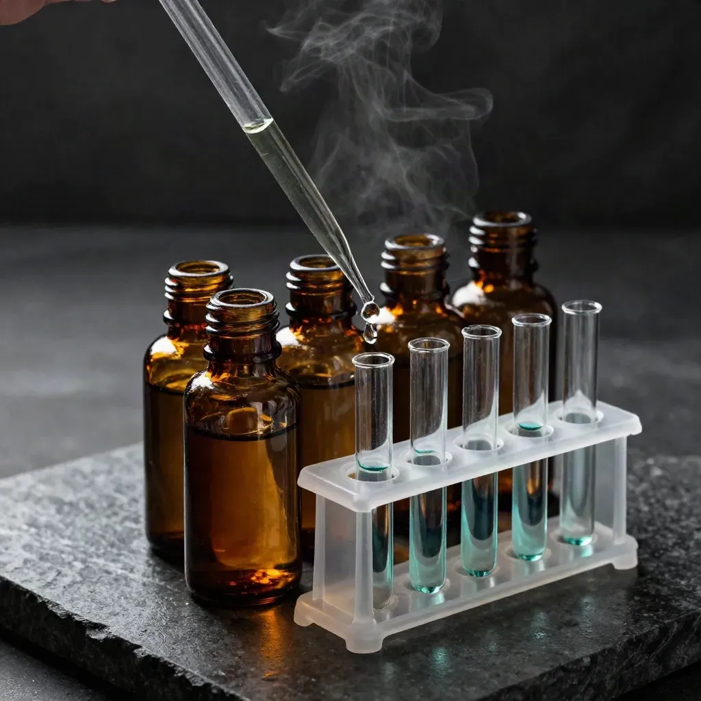 Amber lab bottles, pipette and microtube rack on dark stone in dramatic light.