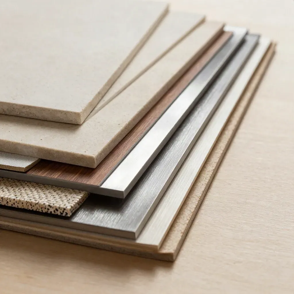 Fanned architectural material swatches on pale wood in soft macro light