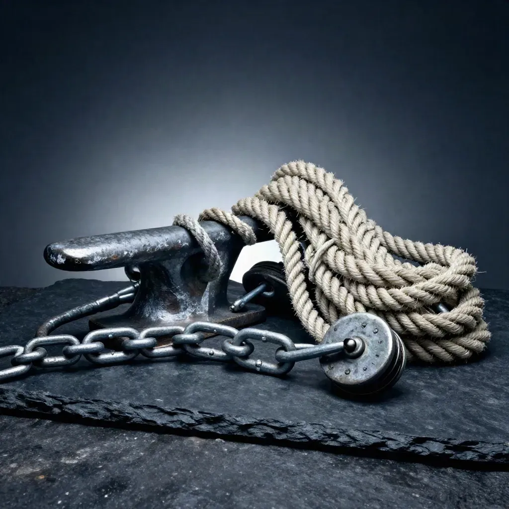 Harbor mooring gear still life on slate with chain, cleat, rope, and pulley in mist