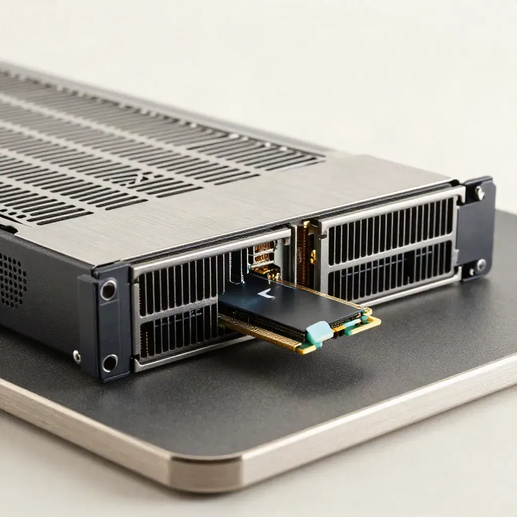 Macro of a server blade with two NVMe caddies and an SFP module on a graphite mat.