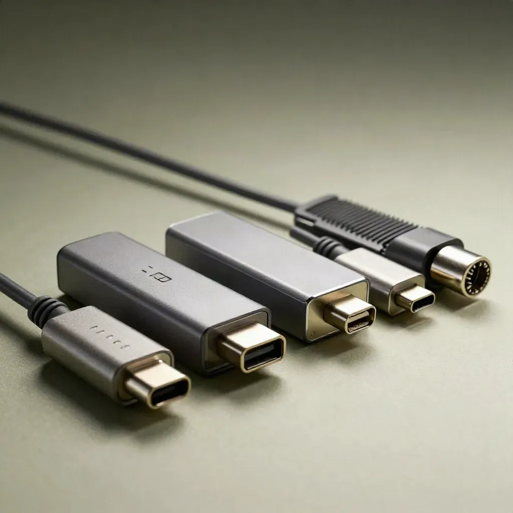 Fiber adapters, USB-C ethernet dongle and drive caddy on brushed metal, lit dramatically.