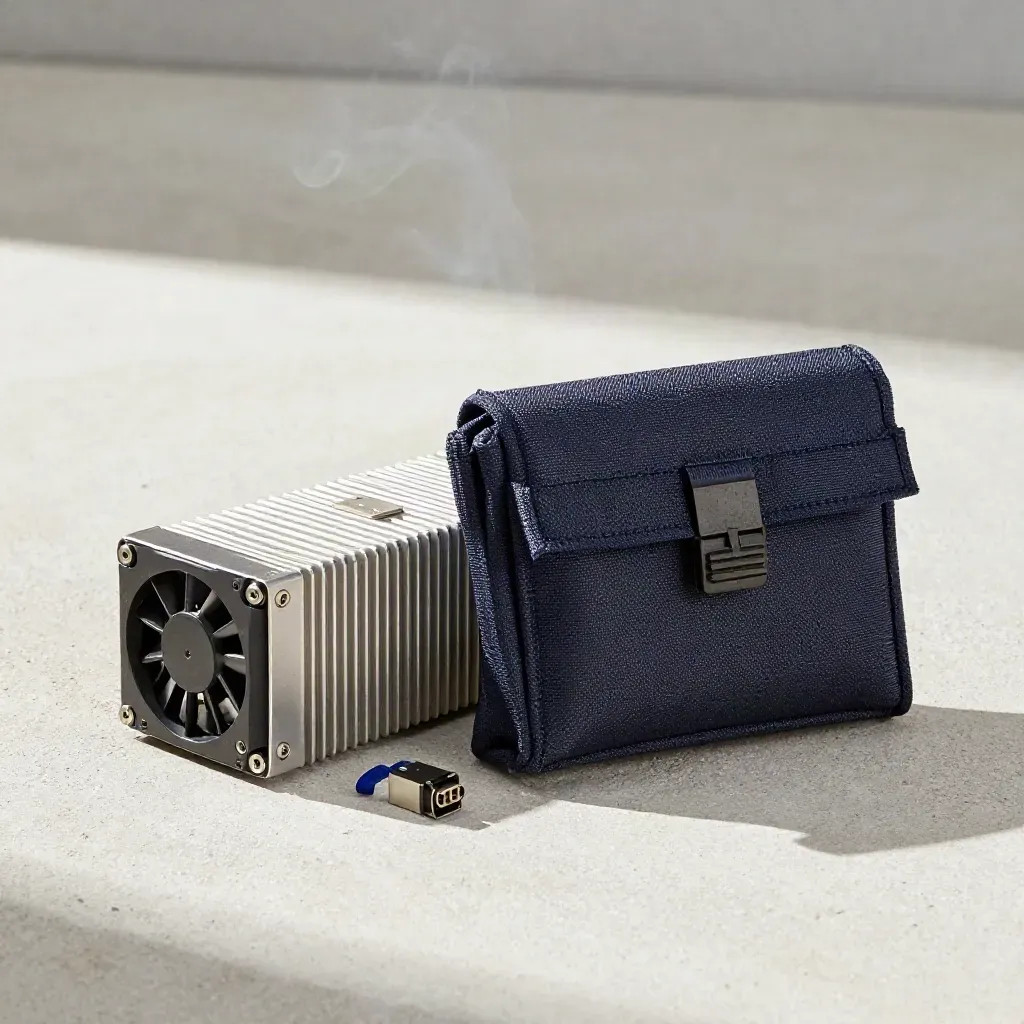 Top-down repair kit with power module, fan tray and fireproof pouch on pale concrete.
