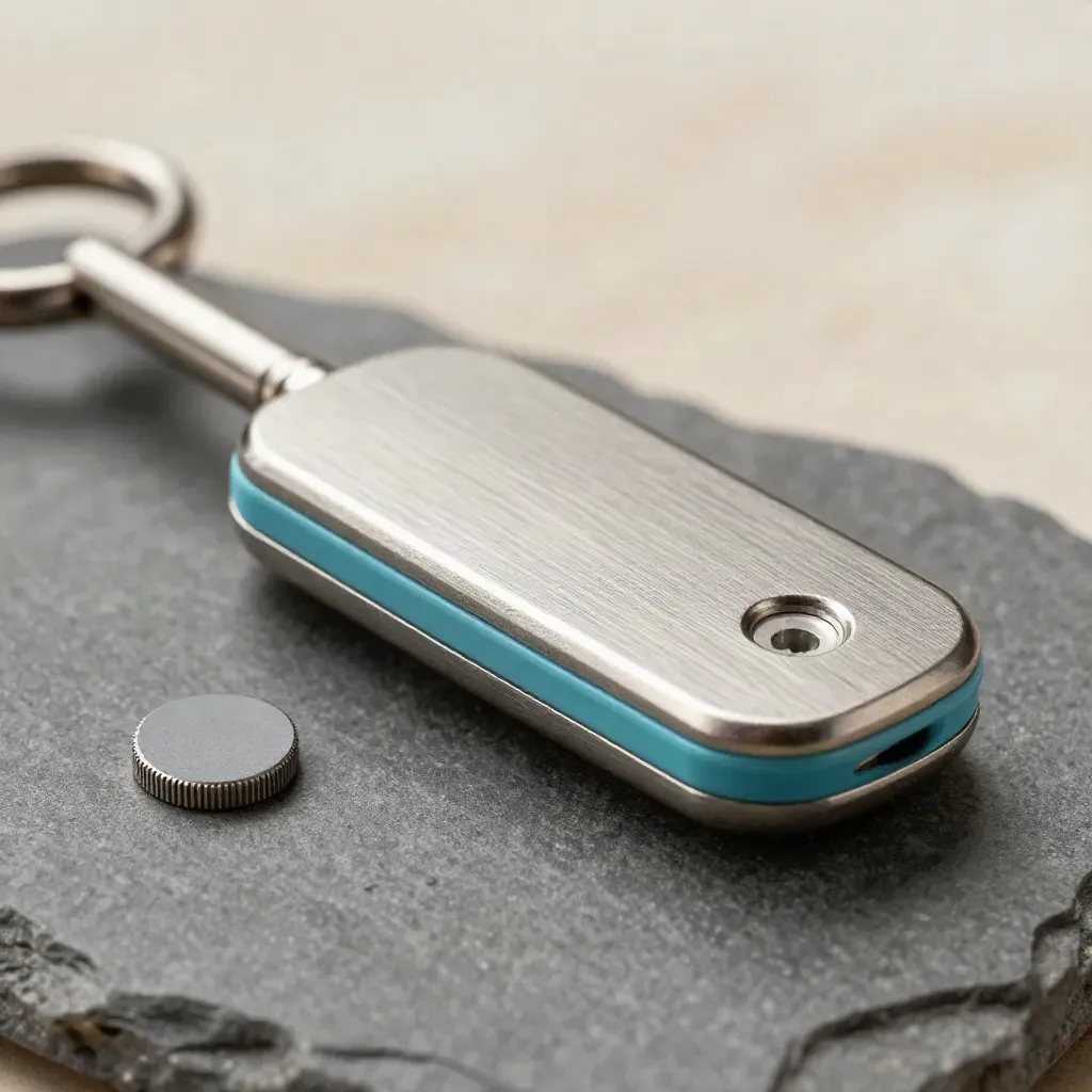 Macro still life of a rack latch, hardware security key and sensor puck on graphite stone.