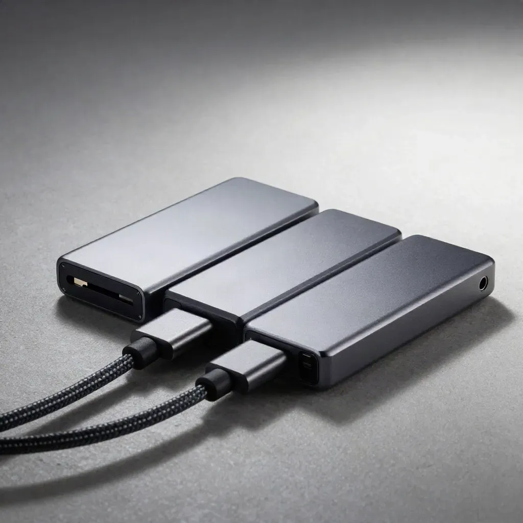 Two portable SSDs linked by a braided cable and dock on brushed aluminium.