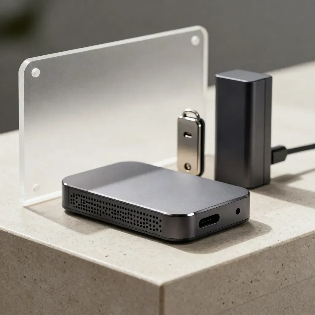 Mesh node, backup SSD, security token, and power brick behind frosted acrylic.