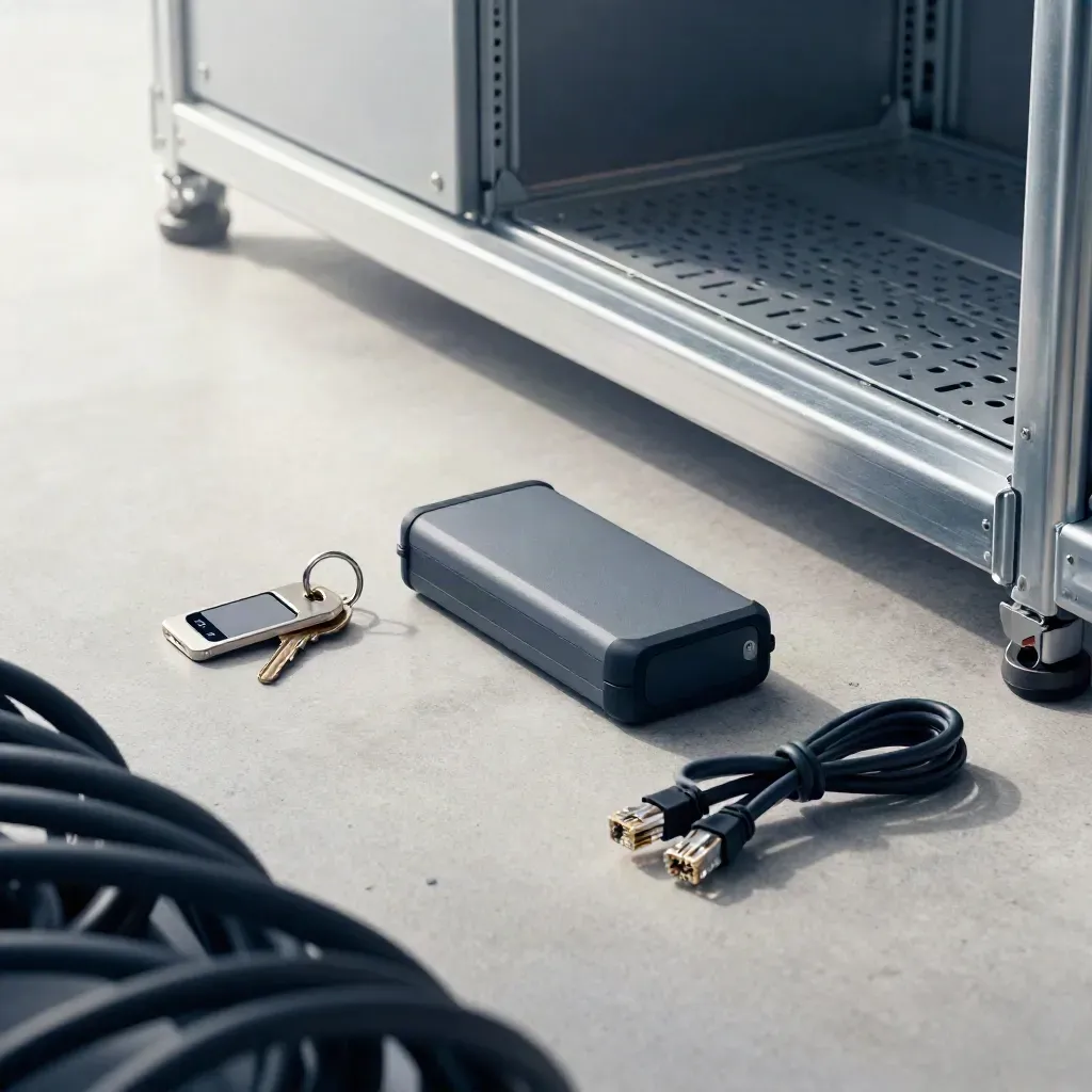 Overhead incident kit with smartcard token, rack keys, UPS battery pack and Ethernet lead.