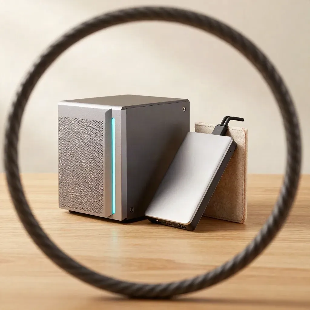 Macro still life of a NAS unit, mesh access point and backup drive on pale wood.