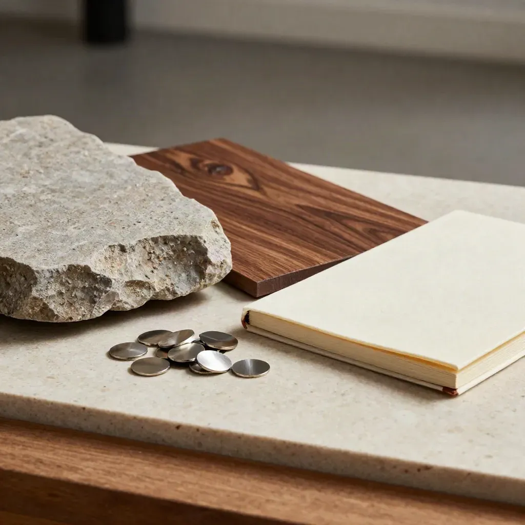 Architectural sample kit with stone, walnut veneer, metal chips and a felt-wrapped notebook