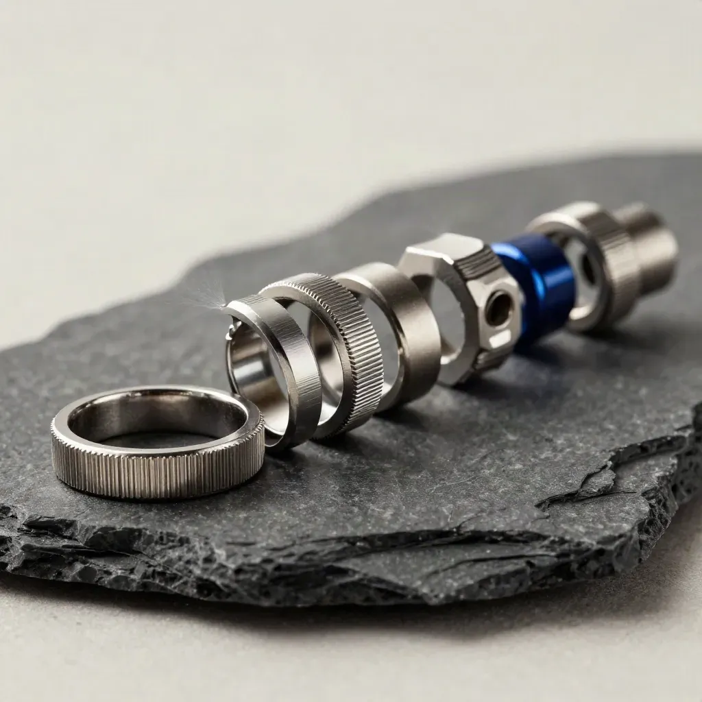Brushed metal rings link connector blocks on dark stone with dramatic light and dust