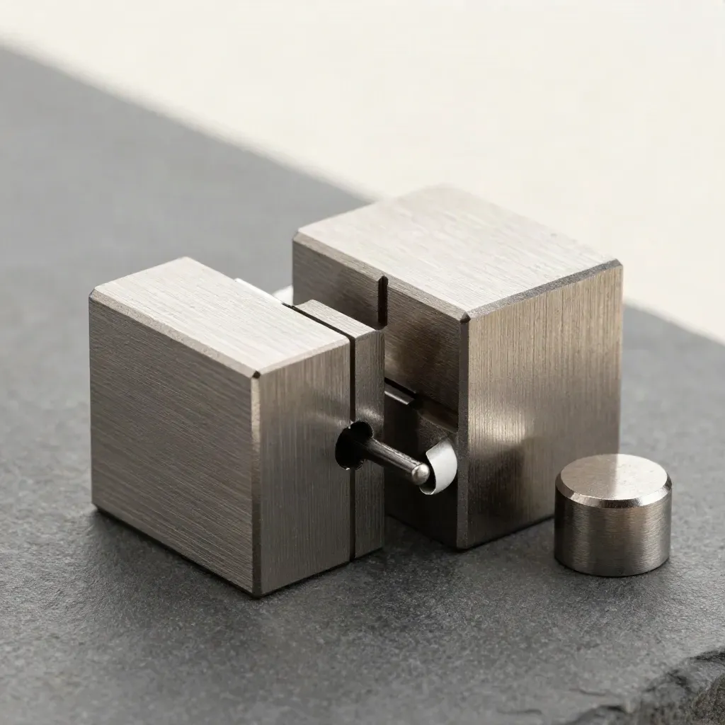 Extreme macro of dovetail metal blocks with pin and cap on graphite stone.
