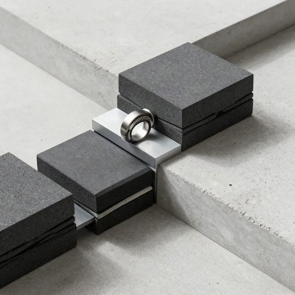 Top-down still life of modular blocks, a bridging plate and a linking ring on pale concrete.