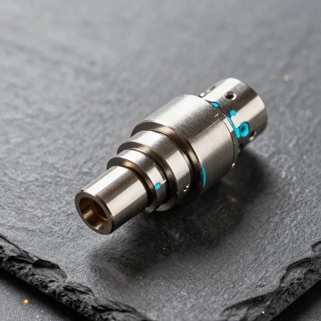 Top-down close-up of aligned metal connectors and sensor pucks on graphite stone with cyan accent