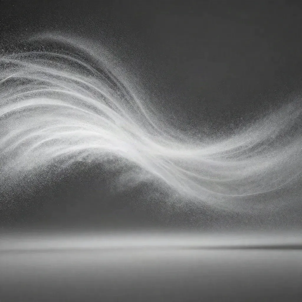 Silver filaments converge in graphite space toward a soft white bloom with open copy space.